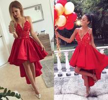 High Low Red Satin Homecoming V Neck Spaghetti Straps Lace Ruched Hi-Lo Prom Short Mini Party 2024 - buy cheap