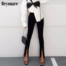 Beyouare elegante das mulheres calças de cintura alta preto divisão magro outono senhora do escritório calças casuais 2020 moda alargamento fenda pant preto 2024 - compre barato