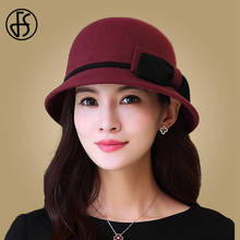 FS-sombrero de copa de fieltro rojo vino elegante para mujer, sombrero de boda con lazo, Color sólido, negro 2024 - compra barato