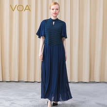 VOA Elegant Silk Navy Blue Envelope Pleated Drop Collar Feifei Sleeve Splicing Long Temperament Slim Big Pendulum Dress AE759 2024 - buy cheap