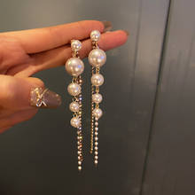 Korean New Beaded Simulated Pearl Long Rhinestone Tassel Earrings For Women Wedding Ear Jewelry Fashion Dangle Earings Brincos 2024 - buy cheap