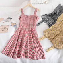 New Women Casual Plaid Dress Summer Sexy Spaghetti Strap Short Dresses Ladies Slim A-line With Belt Vintage Dress Vestidos Mujer 2024 - buy cheap