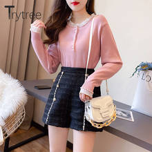 Trytree 2021 Spring Autumn Two Piece Women Set Pearls Ruffles O-neck Knitted Sweater + Wide Leg Shorts Office Lady 2 Piece Suit 2024 - buy cheap