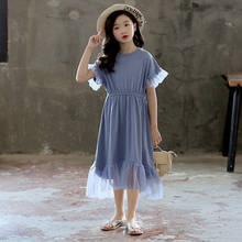 Vestido de retalhos de malha de algodão para meninas adolescentes do verão, estilo coreano, vestido casual elegante para crianças, vestido de estilo longo, #8808 2024 - compre barato