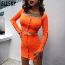 SLLSKY Orange Knitted Off Shoulder 2 Pieces Set Women Spring Summer Button Skinny Slash Neck Crop Tops Sexy Mini Skirts Elastic 2024 - buy cheap