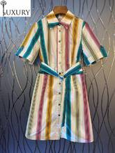 2020 algodón 100% moda verano Mujer cuello vuelto Color arcoíris dulce estampado a rayas manga corta Camisa larga vestido cinturón 2024 - compra barato