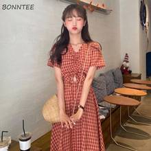 Vestido feminino vintage estiloso ulzzang, vestido longo xadrez com cordão plissado, roupa para meninas 2024 - compre barato