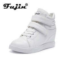 Fujin 2021 hook loop de alta qualidade couro mulher cunha tênis sapatos fita mágica plataforma pai sapatos chunky aumento calcanhar sapatilha 2024 - compre barato