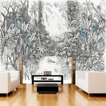 Papel de parede 3d personalizado europeu pintado à mão, floresta selvagem, preto e branco, fundo de parede, decoração de luxo 2024 - compre barato
