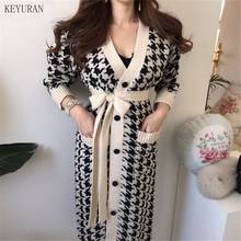 2121 Autumn Winter Knitted Long Cardigan Sweaters Female Houndstooth inge-breasted V-neck Sashes Knit Sweater Coat Women Jackets 2024 - buy cheap