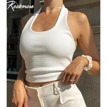 Rockmore Solid Halter Crop Top Sport Vest Sleeveless Tank Top Women Casual O Neck Streetwear Vintage Backless Summer White 2024 - buy cheap