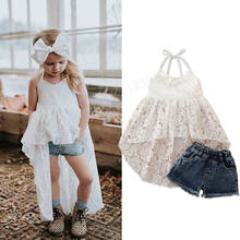 1-6Years Summer Fashion Girls Clothing Sets Children Kids Girls Sleeveless Lace Flower Hater Tops Dress+Denim Shorts Pants 2024 - buy cheap