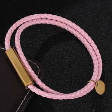 Fashion Simple Jewelry Pink Double Leather Bracelet for Women Men Stainless Steel Magnetic Buckle Couples Bracelets SP0703 2024 - buy cheap