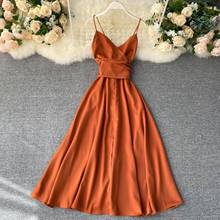 Women's Summer Dress Retro Holiday Style Solid Color V-neck Suspender Dress New Open Back Tie Waist Big Swing Dresses HH205 2024 - buy cheap