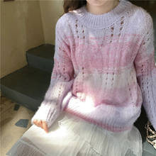 Suéteres de manga larga de gran tamaño para mujer, suéteres de punto finos de Color degradado de arcoíris, Top holgado de punto hueco 50i, 2021 2024 - compra barato