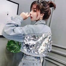 Crop Coats and Jackets Women Sequined Women's Short Jacket Long Sleeve Jeans Jacket Vintage Y2K Blue Denim Clothes XC333 2024 - buy cheap