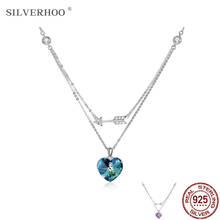 Silverhoo 925 colar feminino de prata esterlina, pingente de coração para mulheres de corrente dupla com cristal colorido austríaco, presente de aniversário 2021 2024 - compre barato