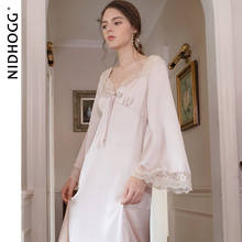 Autumn Thin Court Dress Long-sleeved Silk Sexy Sleepwear V-Neck Vintage Nightgowns Pink Long Sleeping Skirt Satin Slip Dress 2024 - buy cheap