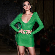 2021 New Women'S Mesh Stitching Rayon Bandage Dress Sexy V-Neck Long Sleeve Draped Bodycon Green Mini Dress Club Party Vestidos 2024 - buy cheap