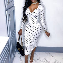 Sexy Deep V Low Cut Bodycon Dress Vintage Leisure Women Polka Dot Dresses Office Lady Long Sleeve Bodycon Dress 2024 - buy cheap