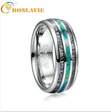 Bonlavie anel de noivado com 8mm de largura, anel masculino de bandoleira de noivado preto embutido + opala verde, joia de anel de carboneto de tungstênio 2024 - compre barato