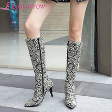 Lasyarrow Snake Print Knee High Boots Woman High Heel Long Boots Thin Heel Shoes Zip Pointed Toe Ladies Boots Green Plus Size 2024 - buy cheap