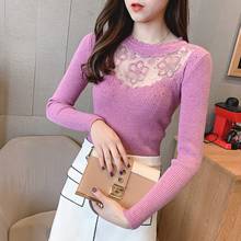 Sexy Lace Women Full Sleeve diamond Sweater 2021 New Knitted elasticity purple Pullovers Autumn Hollow out O-Neck Jumpers Ladies 2024 - buy cheap