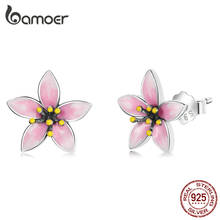 bamoer Genuine 925 Sterling Silver Elegant Enamel Pink Cherry Blossom Stud Earrings for Women Flower Wedding Jewelry Gift 2024 - купить недорого
