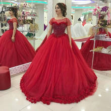 Vestido Rojo de manga corta con cuentas de cristal, quinceañera, flor hecha a mano, dulce 16, 15 nos 2024 - compra barato