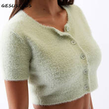 Knitted cropped cardigan women 2021 summer o neck sweater kawaii short sleeve sweater mohair soft button up cardigan green 2024 - buy cheap