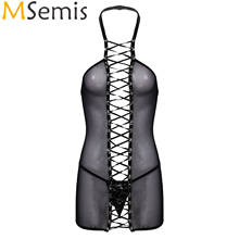Womens Halter Lace Up Mesh See Through Backless Bodycon Mini Dress Lingerie Stage Performance Costume 2024 - buy cheap