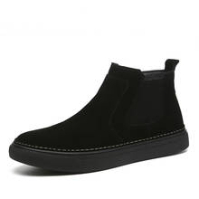 Botas de plataforma de cuero natural para hombre, zapatos planos de alta calidad, de lujo, a la moda, cálidos, para nieve, color negro, chelsea, para invierno 2024 - compra barato