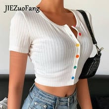 Jiezuofang camiseta feminina sexy com rendas, camiseta feminina popular com botões de várias cores para o verão, umbigo exposto 2024 - compre barato