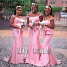 New Pink Mermaid Bridesmaid Dresses For African Women Appliques Elastic Satin Plus Size Maid Of Honor Dress Cheap Party Gowns 2024 - buy cheap