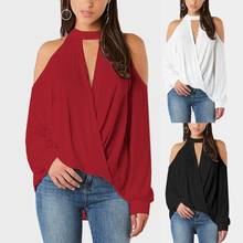 Autumn Sexy Women Solid Color Cold Shoulder Halter V Neck Long Sleeve Blouse All-match Polyester Women's Blouse clothing 2024 - buy cheap