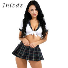 Mulheres sexo cosplay traje escola menina uniforme terno colheita superior com xadrez mini saia mangas curtas sexy role play jogos roupas 2024 - compre barato