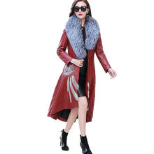Jaqueta de couro ecológico feminina, casaco longo com gola de pele fina e grande, plus size para outono e inverno 2021 2024 - compre barato