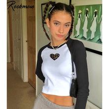Rockmore Patchwork Leopard Heart Cute T Shirt Women Long Sleeve Crop Tops Casual Slim Basic Streetwear Cotton T-Shirt Tees 2024 - buy cheap