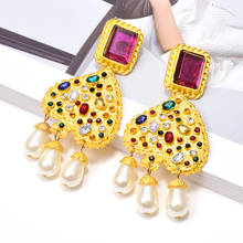 Hot Sell Vintage Gold Metal Colorful Crystals Dangle Drop Earrings Hanging Pearls Fine RhineStone Jewelry Accessories For Women 2024 - buy cheap