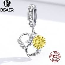 BISAER Sunflower Charms 925 Sterling Silver Yellow Enamel CZ Beads Pendant Fit DIY Bracelet Necklace Jewelry 2020 EFC285 2024 - buy cheap