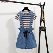 BULOCHOVA New Summer 2 Piece Sets Women Pullover Striped Short Sleeve T-Shirt Tops + Overalls Jeans Students Wide Leg Pant Suits 2024 - buy cheap