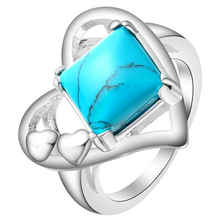 Fysl anel de prata banhado a coração com forma quadrada verde e turquesa pedra anel de dedo estilo romântico joias 2024 - compre barato