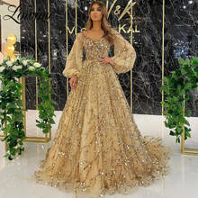 Gold Sequined Muslim Evening Dresses Long Sleeves Dubai Party Gowns 2021 Plus Size Middle East Prom Dress Formal Evening Wear 2024 - buy cheap