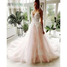 Ivory Lace Pink Satin V-Neck Sleeveless Floor-Length Princess A-Line Wedding Dresses Chapel Train Custom Made 2024 - buy cheap