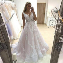 Romantic Applique A Line Pink Wedding Dresses Sexy V Neckline Ivory Lace  Open Back Bridal Gown 2021 Long Sleeveless Bride Dress 2024 - buy cheap