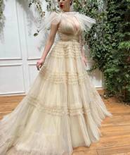 2021 Elegant Champagne Evening Dresses V Neck Tiered Long Formal Evening Party Dress Robe De Soiree 2024 - buy cheap