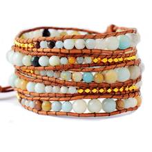 Exquisite Graduated Flower Amazonite Gold Beads 5 Strands Weave Leather Wrap Bracelet Multi Layered Vintage Bracelet Gifts 2024 - buy cheap