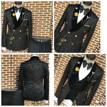 Мужские свадебные костюмы 2021, индивидуальный пошив, Официальный смокинг, черный Жаккардовый пиджак для курения, жилет и брюки, вечерние костюмы для жениха из 3 предметов для мужчин 2024 - купить недорого