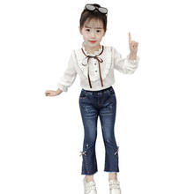 Roupas infantis estilo casual, blusa e jeans para meninas 2021, roupas para crianças de 6 8 10 12 14 2024 - compre barato