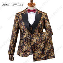 Gwenhwyfar-Nuevo de tendencia para hombre, traje de talla grande con patrón Floral, ajustado, con pantalones, esmoquin para novio de boda, traje de cantante, 3 piezas 2024 - compra barato